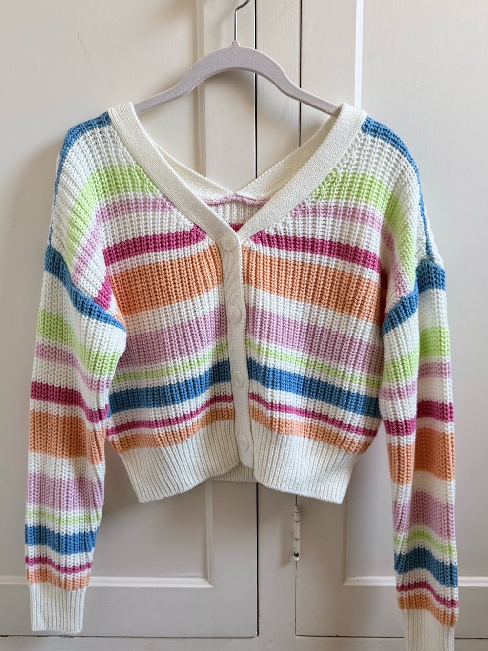 JESSICA SIMPSON Striped Multi-Color V-Neck Button Cardigan Sweater
